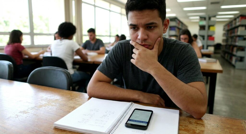 Jovem estudante universitário refletindo sobre a pontuação mínima necessária no ENEM para cursos de graduação