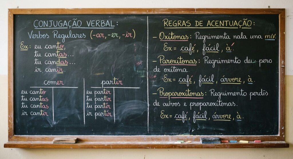 Quadro escolar com anotações de aula sobre conjugação verbal e regras de acentuação em português.