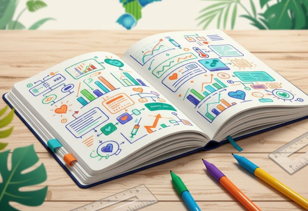 Imagem ilustrativa de um caderno com anotações e canetas, simbolizando estudo e preparação para um Simulado Técnico de Enfermagem.