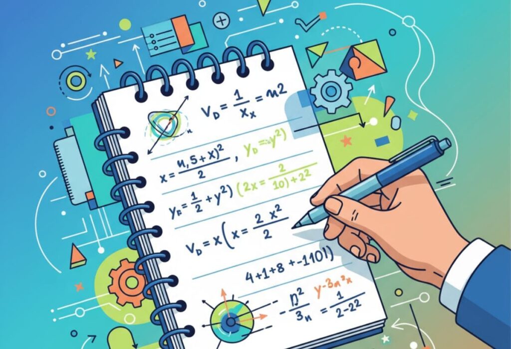 Uma pessoa resolvendo problemas de matemática em um caderno com caneta, simbolizando o Simulado Aritmética Básica e a prática de exercícios.